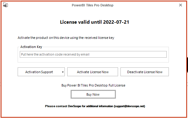 PowerBI Tiles Pro license activation/deactivation interface